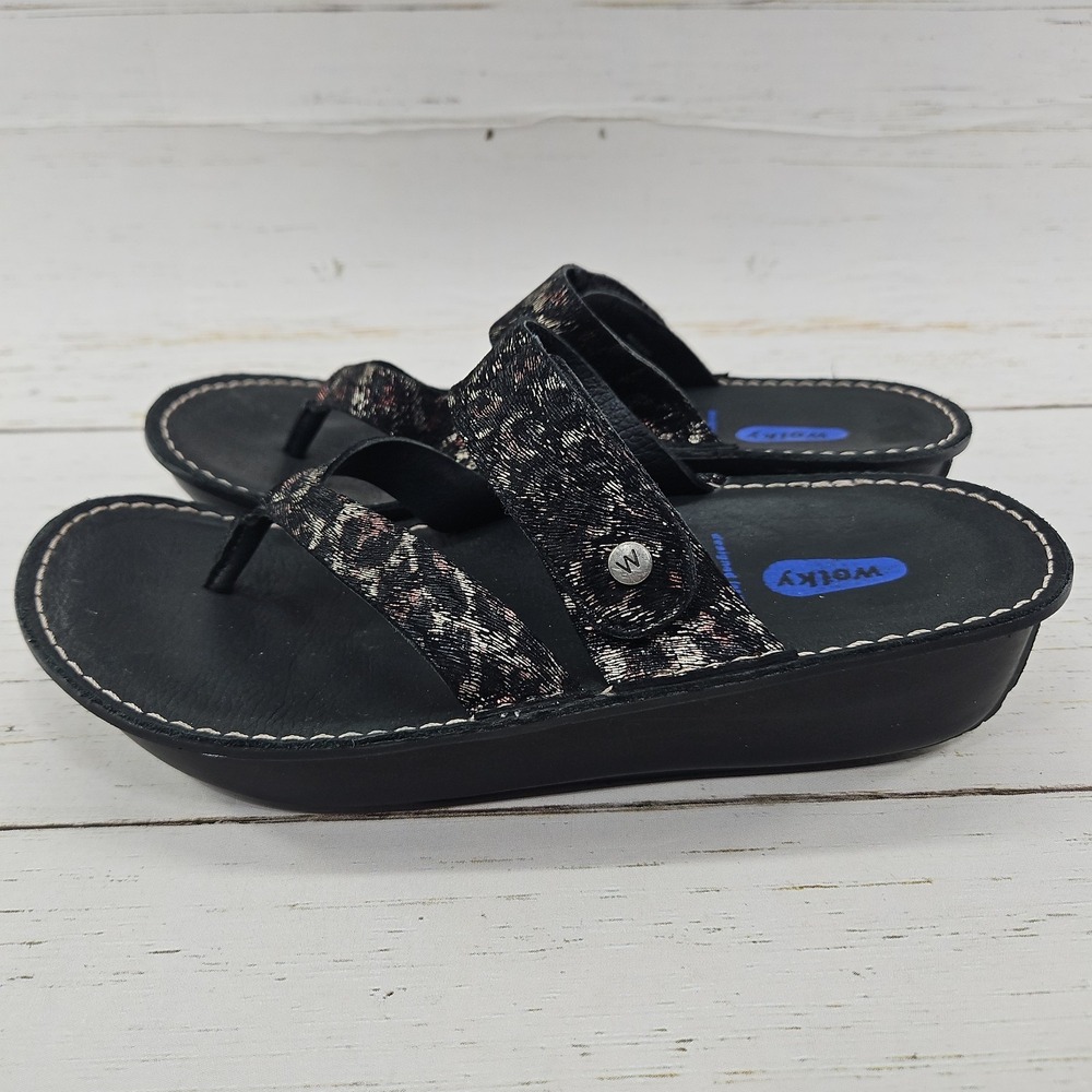 Wolky Tahiti Womens 6 EU 37 Black Leopard Leather Toe Post Sandals Adjustable - Picture 4 of 10